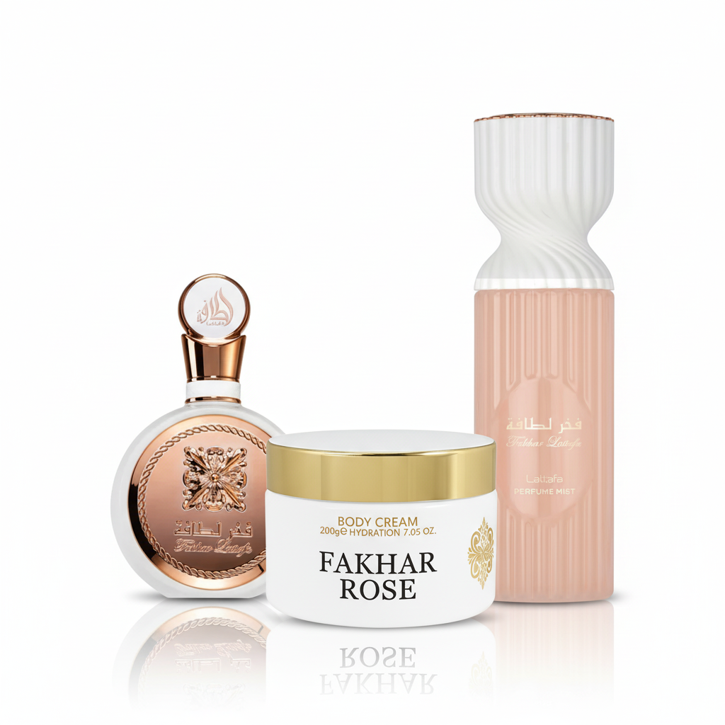 Kit Fakhar Rose EDP 100ml + Pasta Fakhar Rose 200g + Névoa Fakhar Rose 250ml